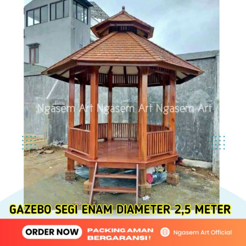 GAZEBO SEGI 6 ATAP TINGKAT | GASEBO DIAMETER 2,5 KAYU JATI