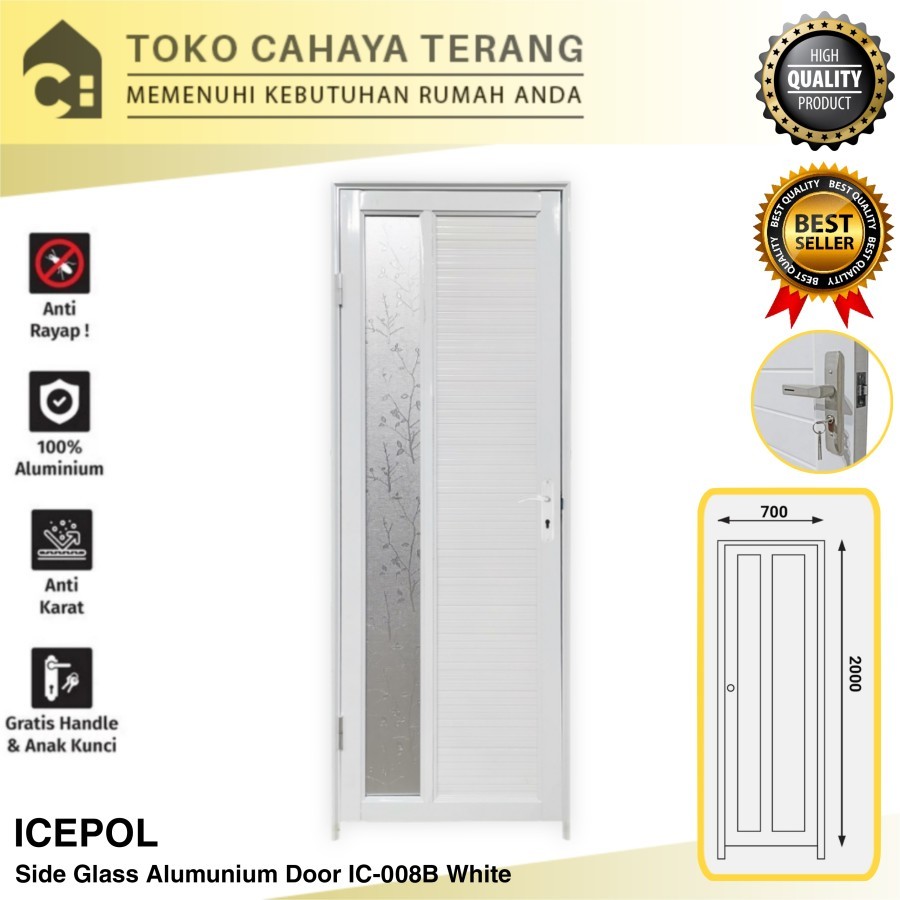 Pintu Aluminium Kamar Mandi Putih Kaca Motif 200x70 + Kusen + Handel