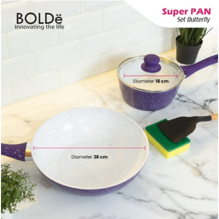 5 PCS SET PURPLE | 18 cm Panci dan Tutup Kaca + 26 cm Wajan + Spon Pembersih + Spatula Set