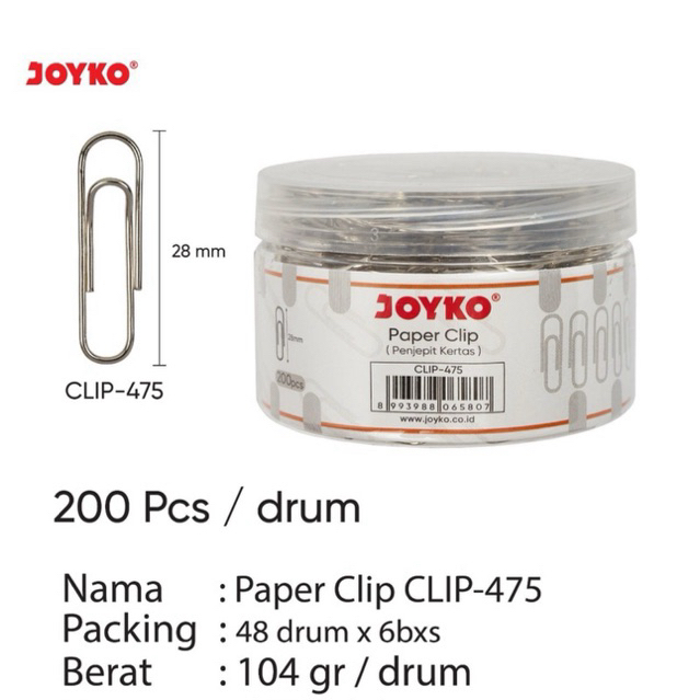 

( 1 drum = 200 pcs ) Paper Clip 28mm Warna Silver / Klip Kertas Stainless Steel Clip-475 Joyko