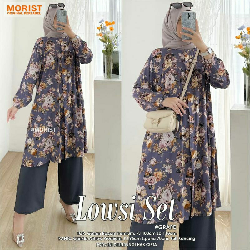 Lowsi Set By Morist | Setelan Tunik Rayon XL Ld110 Motif Bunga Cantik Full Kancing Dan Celana Crinkl