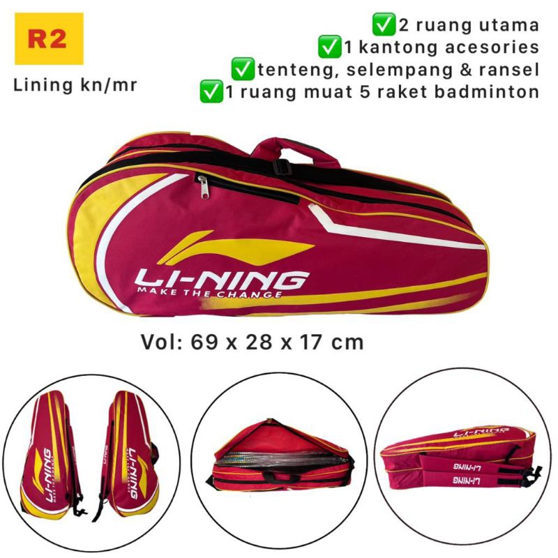 Tas Raket Badminton R2 Lining bisa tenteng selempang dan ransel keren