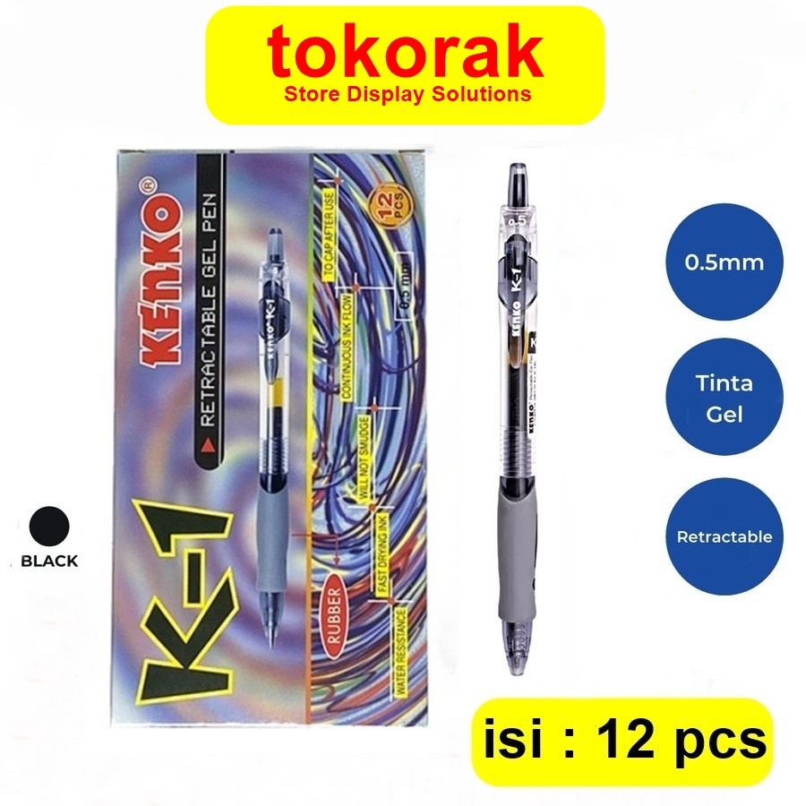 

PULPEN GEL K-1 KENKO GEL PEN K1 RETRACTABLE 0.5 BOLPEN HITAM BOLPOIN 12 PCS TINTA