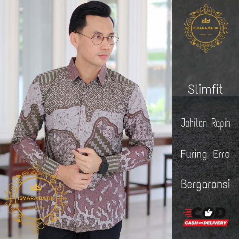 Kemeja batik pria slimfit lengan panjang ungu soft atasan batik mewah pria terbaru kemeja batik slim