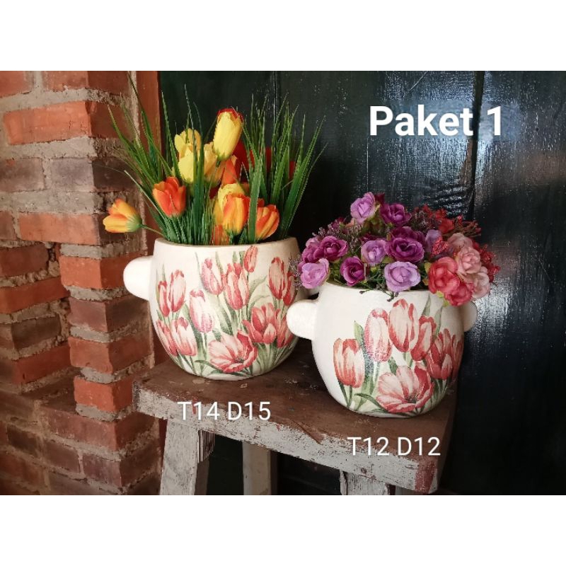 paket pot decoupage/pot teracota/pot bunga/pot gerabah/vas bunga/dekorasi/pot decoupage/pot tanah li