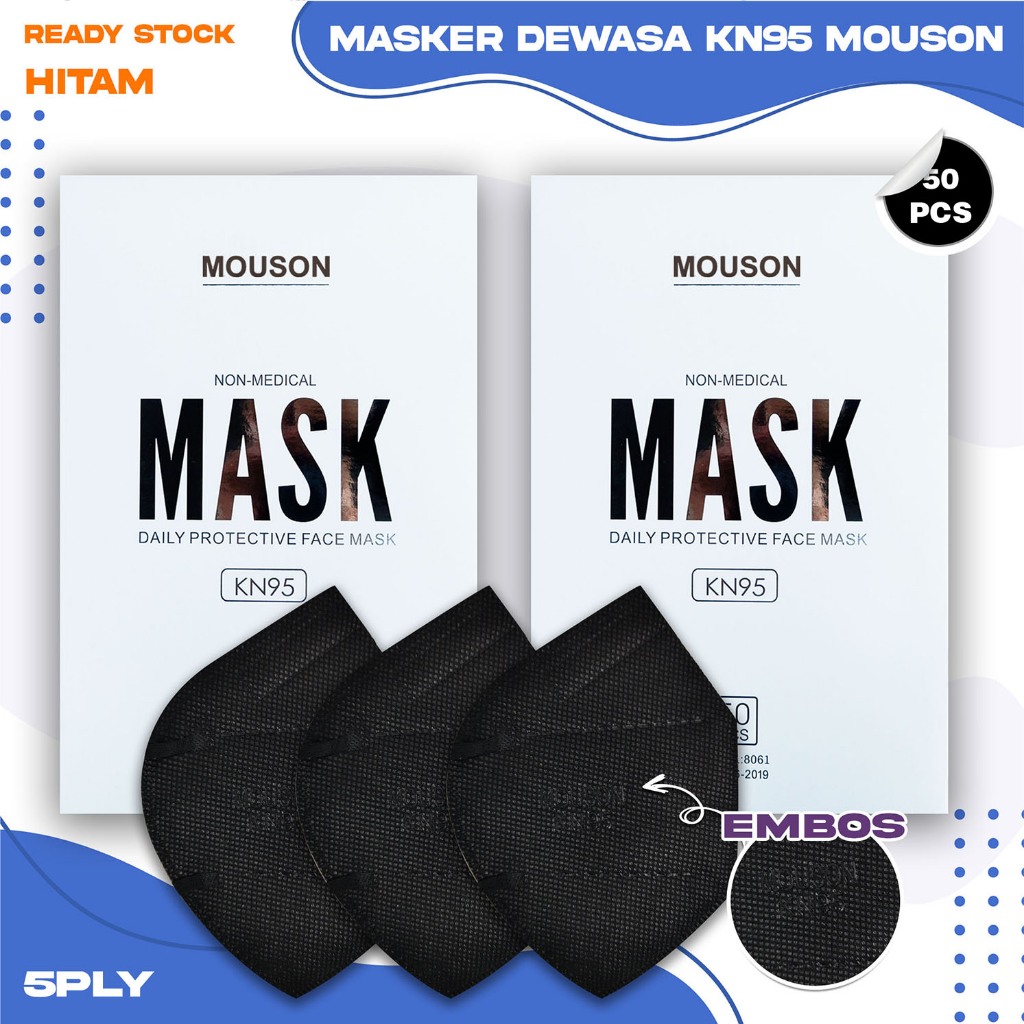 Masker KN95 MOUSON 5Ply isi 50Pcs Warna Hitam Black KN 95 5 Ply Earloop Surgical Mask Kemenkes
