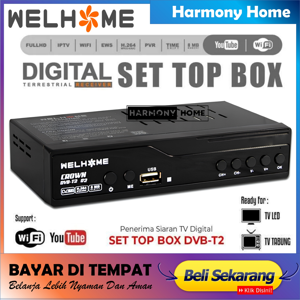 Paket Set Top Box Tv Digital WELHOME  DVB T2 EWS UHF HD / Set top box / set topbox tv digital untuk 