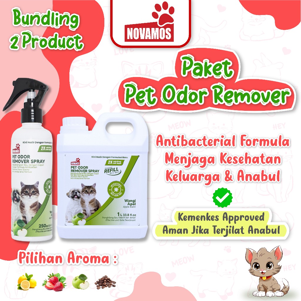 NOVAMOS Paket Odor Remover 250 ML + Refil 1 L - Penghilang Bau Kotoran Kucing dan Anjing Pet Odor Remover Spray Parfum Pewangi Pengharum Pasir Kucing Penghilang Bau Pesing Kandang Kucing