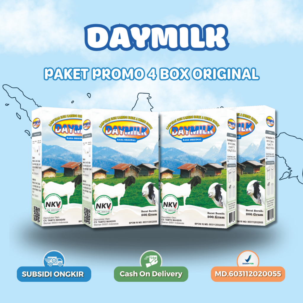 

PAKET 4 BOX DAYMILK - 100% ORI - Mengatasi Nyeri Sendi Dan Tulang - Asam Urat - Lambung Gerd - Hipertensi - Kolesterol - Paru Paru - Sendi - Baik Untuk Asma - Paru Paru Kotor - Bpom - NKV - Bisa Cod - Netto 200gr