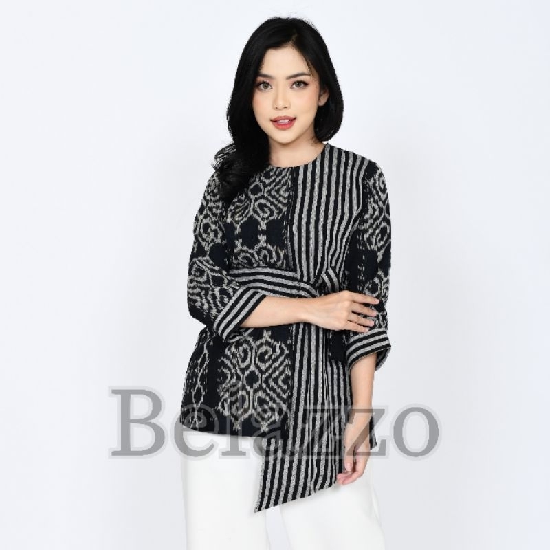 Baju Atasan Blouse Batik Tenun Wanita Etnik Modern Motif Lurik Hitam - Blouse Tenun Wanita Jepara - 