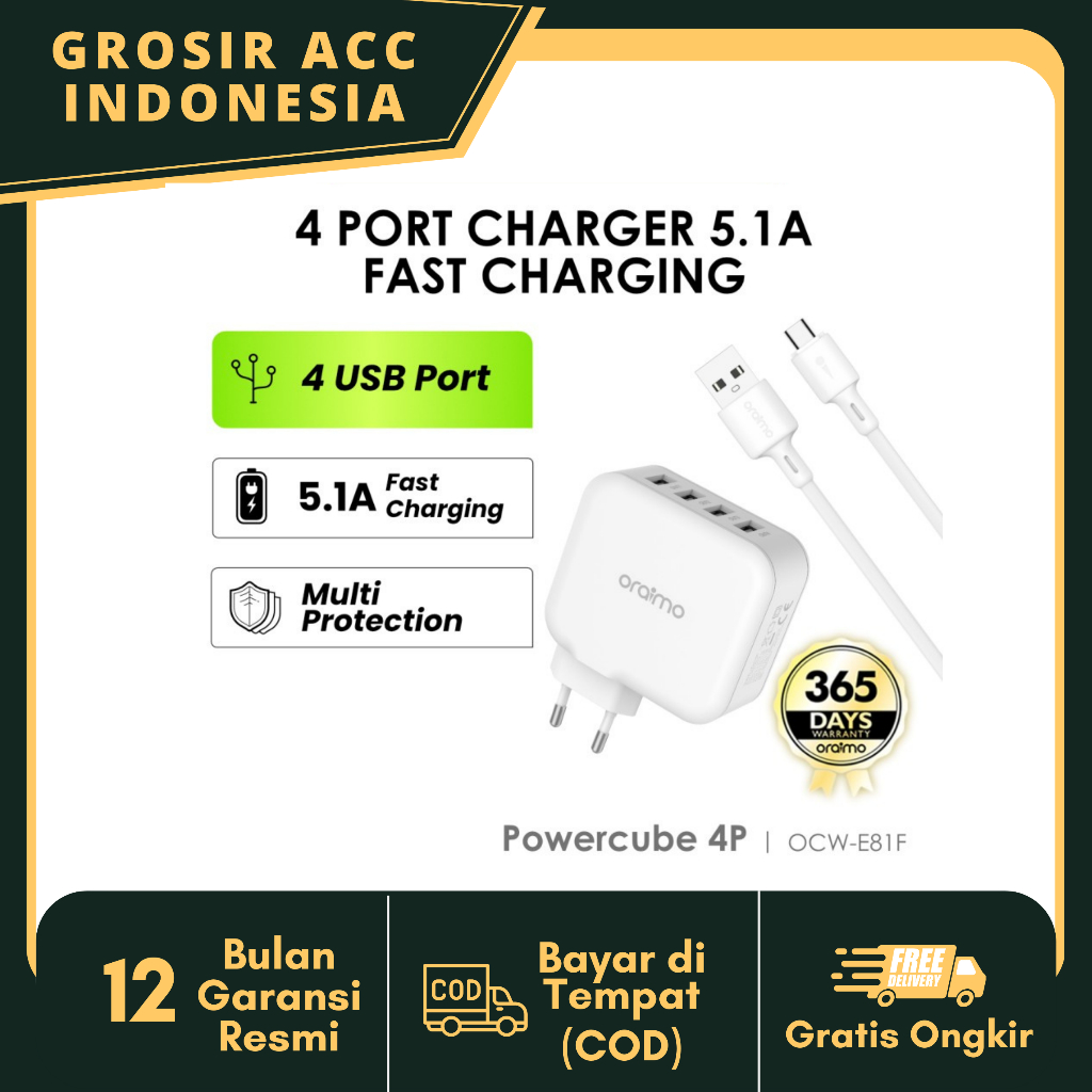 Oraimo Charger KIT OCW-E81F Original 4 USB Port Smart Safe Fast Charging OCW-E81F-White