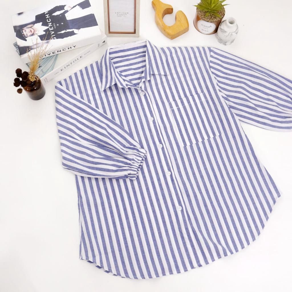 Uxuclo Kemeja Salur ZR Bahan Katun Import Premium Lengan Balon/Kemeja Wanita Lengan Balon