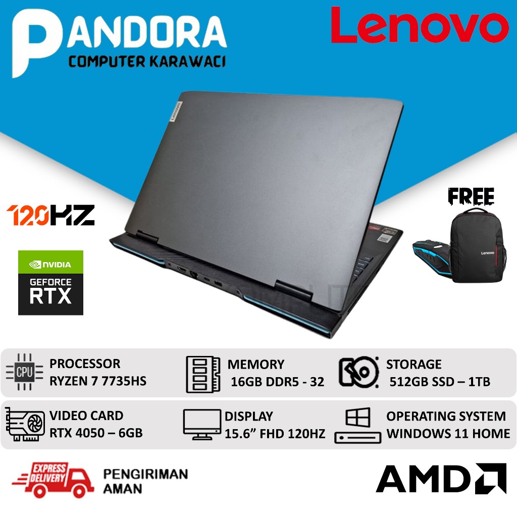 LAPTOP GAMING LENOVO IDEAPAD GAMING 3 15 RYZEN 7 7735HS RAM 16GB 512GB SSD RTX 4050 FHD WINDOWS 11 H