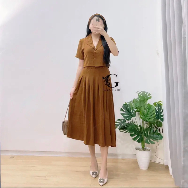 ZETERINDO - KIMMY SET / KEMEJA CROP DAN ROK BAHAN VOXY