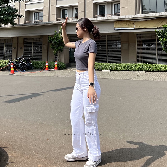 Menarik HW CARGO LOOSE JEANS WHITE  JEANS CARGO WANITA KEKINIAN WARNA PUTIH  CELANA PANJANG JEANS CE