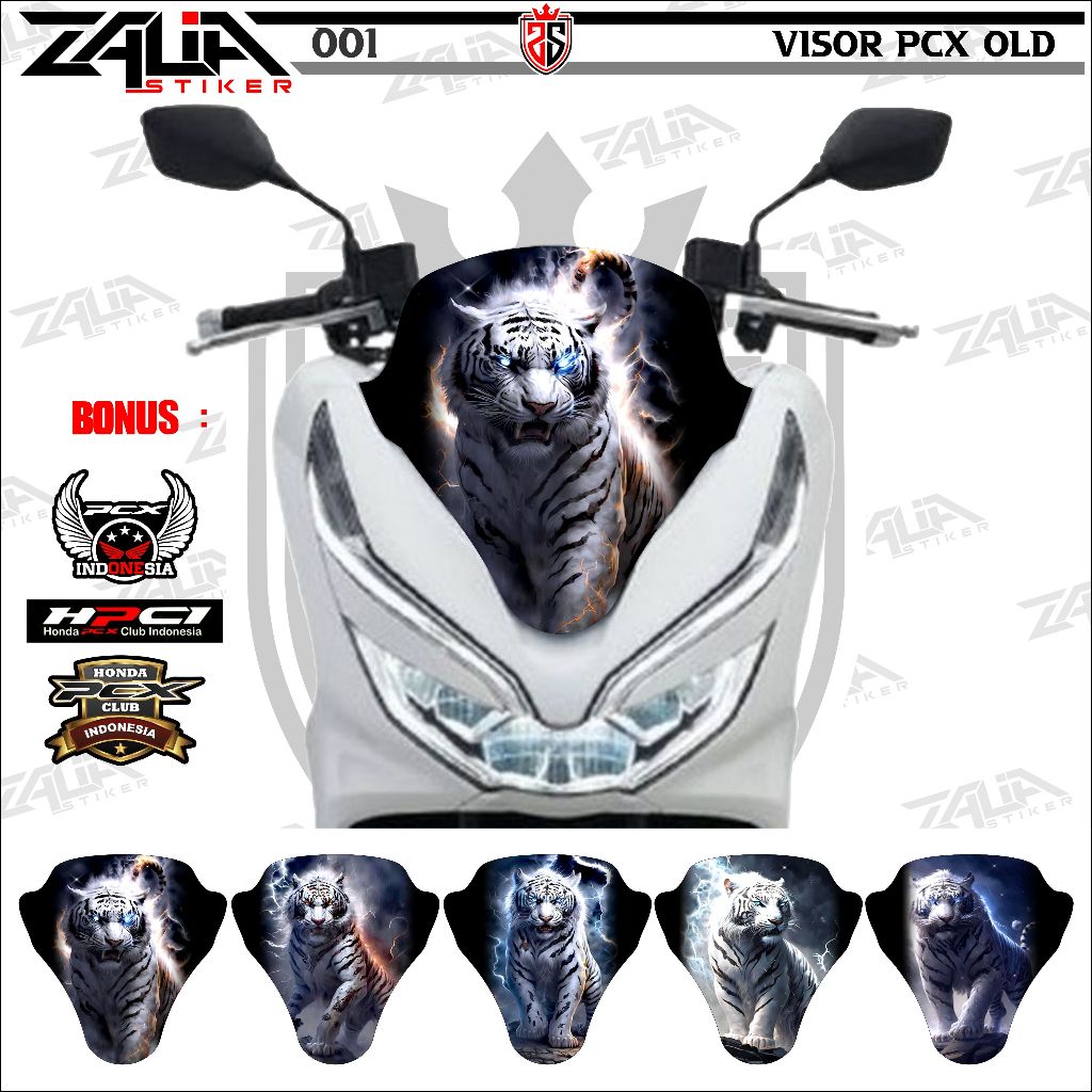 Stiker visor Winshield HONDA PCX 150 OLD  gambar macan putih   keren   (001) / stiker  Winshield  ga