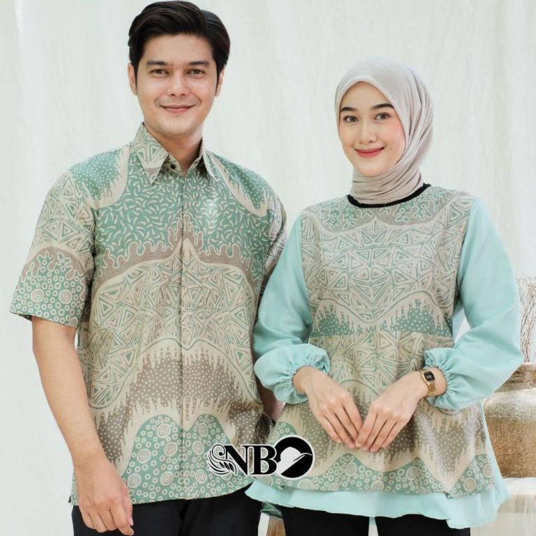 Baju Batik Ombak Hijau Tosca Couple Lengan Pendek Katun Batik Kerja M L XL XXL
