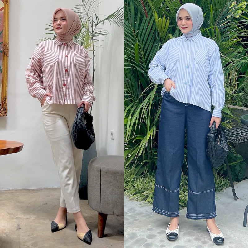 Kemeja Crop Top Salur / Kemeja Garis Garis / Kemeja Wanita Salur Setrip Garis Jumbo / Kemeja Wanita