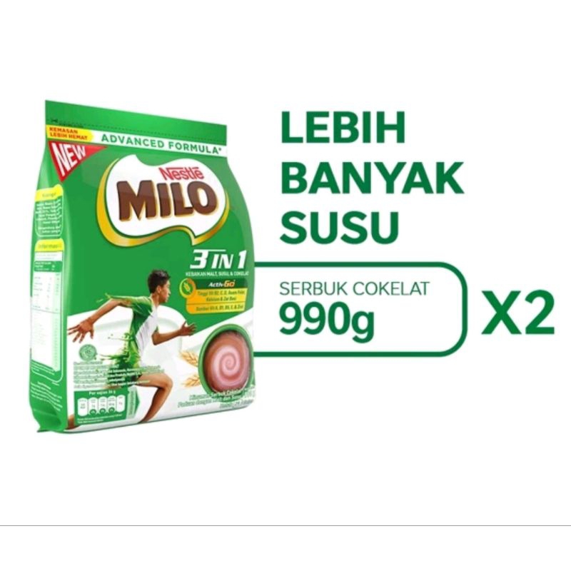 

Milo 3in1 activ go 990gr x 2pcs GRATIS TOTEBAG