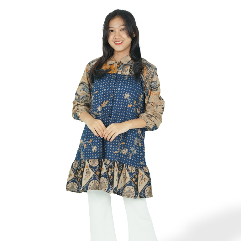 BATIK TRUSMI Atasan Batik Wanita Tunik Batik Alisan Motif Burung Kombinasi Cocok Untuk Seragaman