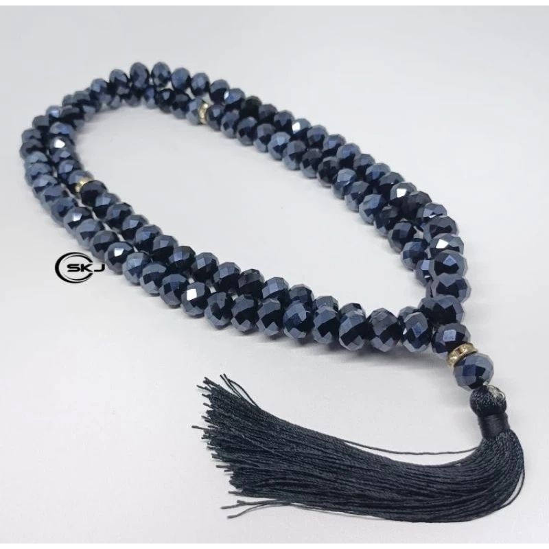 Tasbih batu kristal hitam metalik 99 butir batu asli berkilau