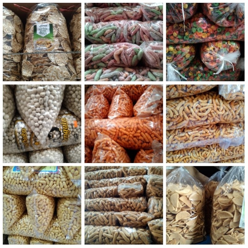 

Camilan serba 15 ribuan isi banyak Makaroni Pedas Rujak / kuping gajah rainbow / kacang Sukro / krupuk ikan / kripik tempe / krupuk tongkol / opak Medan