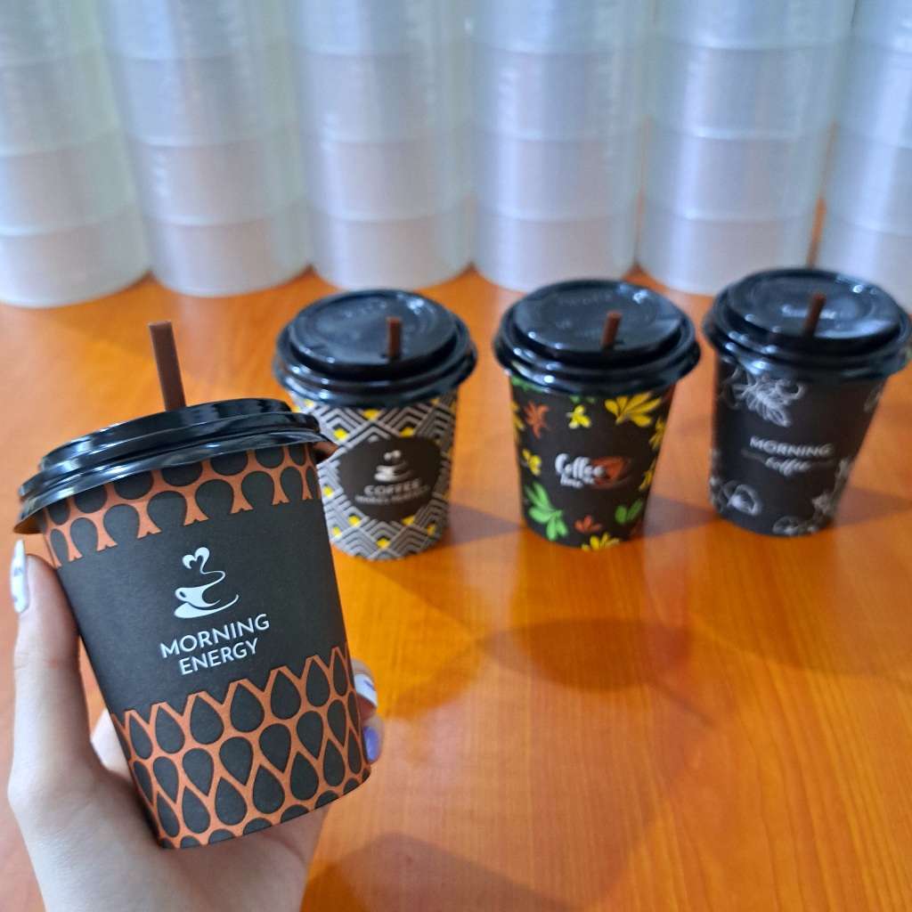 Gelas Kertas Kopi / Paper Cup Motif Coffee 8 OZ SMALL + Tutup + Sedotan
