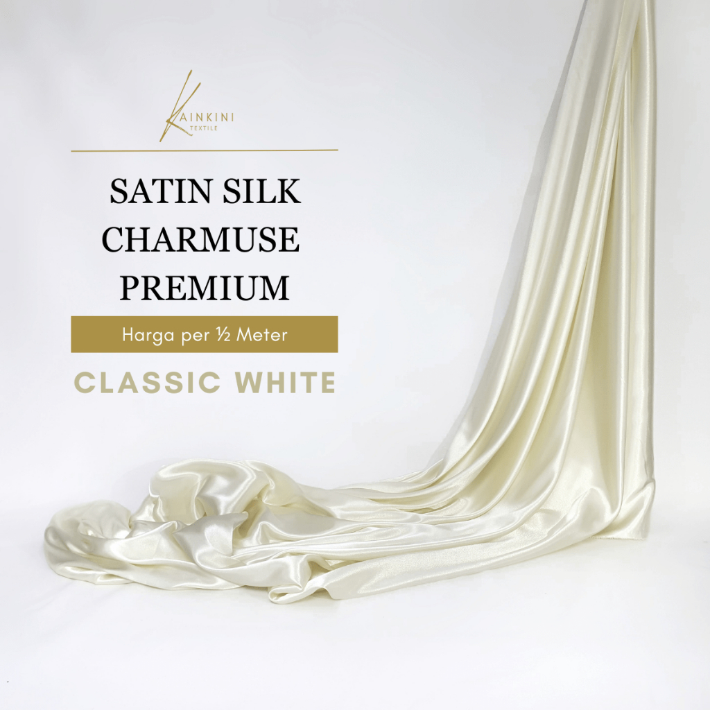 (½ meter) Kain Satin Silk Charmuse Premium Kilap Glossy Kainkini - Putih Classic White Gading Ivory 