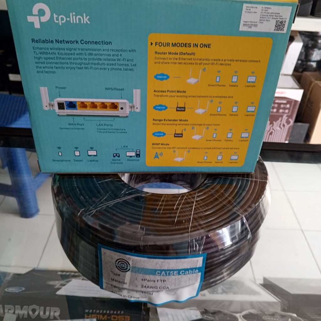 Paketan Ruter tp link TL-WR840N dan kabel lan ftp outdoor 100M