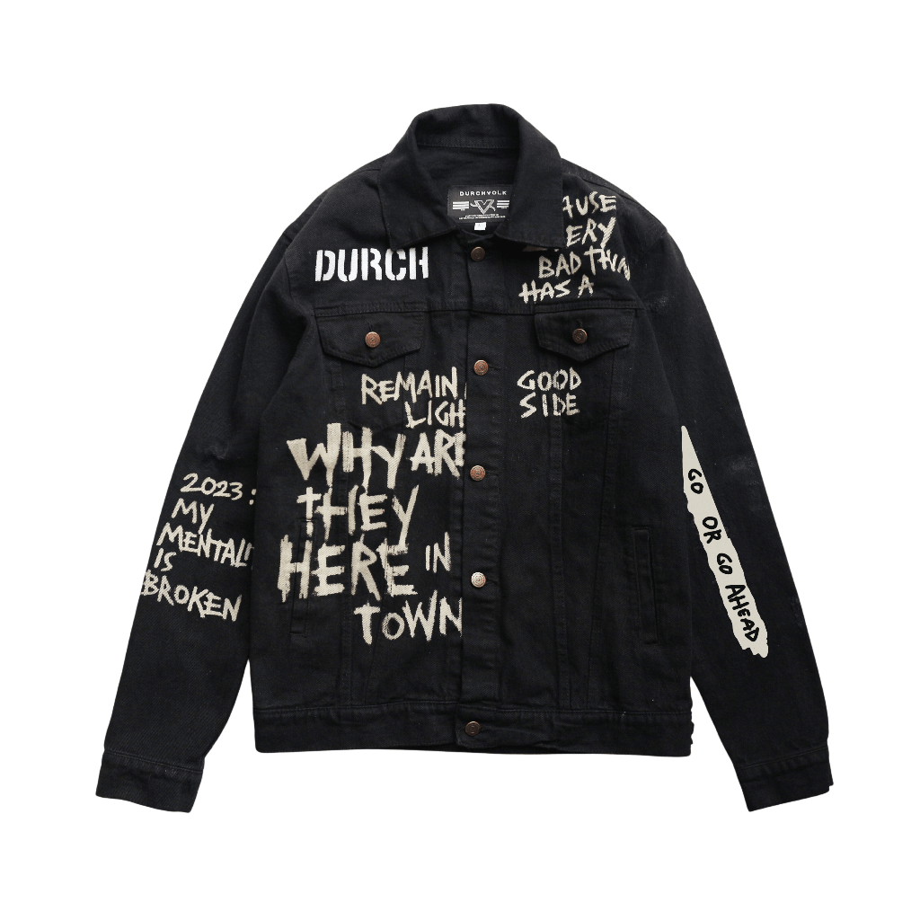 DURCHVOLK / VJJ492 / Jaket Jeans Denim Pria Wanita Painting Ripped Patch Big Size Hitam