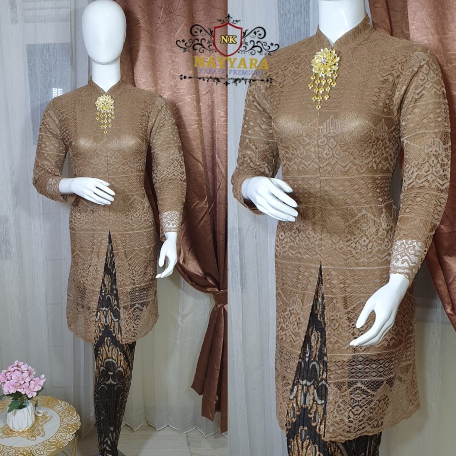 Setelan kebaya tunik busui brokat premium / kebaya pesta kondangan - Mocca