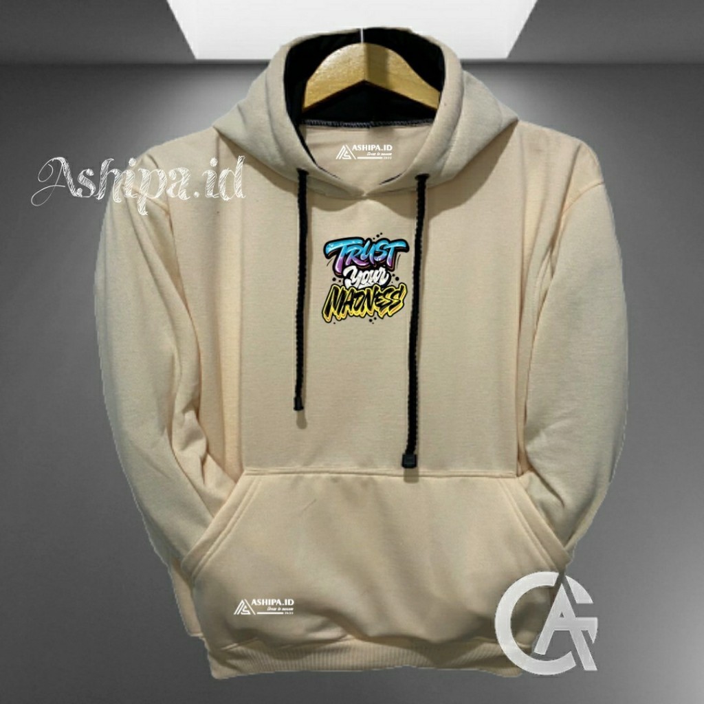 sweater jaket distro original brand lokal warna cream list sablon trust money hoodie cowok distro or