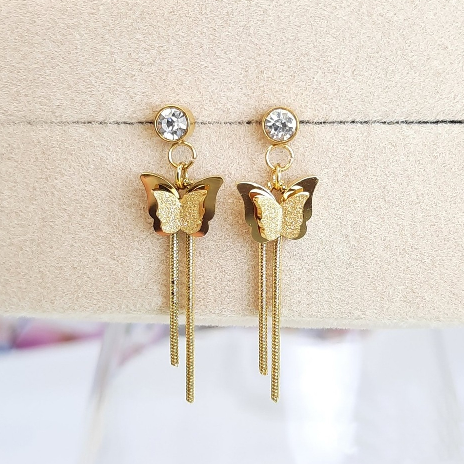 Anting Tusuk Titanium Wanita Model Kupu-Kupu Gold Kecil Jurai - Anting Tindik Wanita Real Titanium