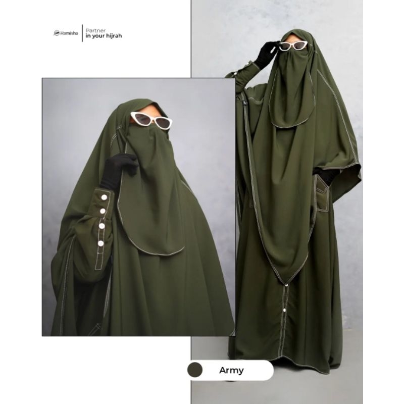 Setelan SET Gamis AMIRA DRESS Line + FRENCH KHIMAR Fk Cadar Instan Baju Wanita Muslimah Benang Timbu