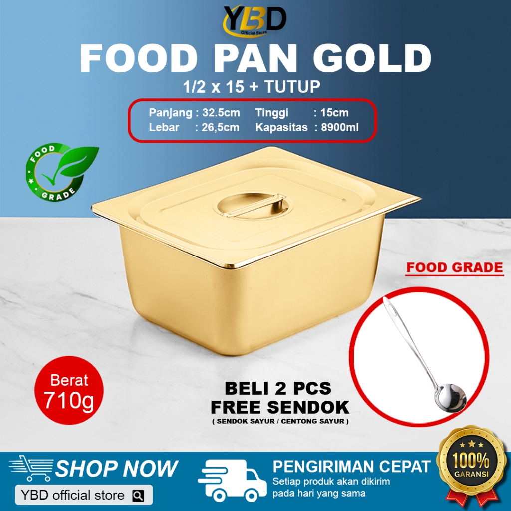 Food Pan GOLD + TUTUP Stainless  Spesifikasi 1/2 x 15 cm / Food pan wadah makanan prasmanan anti kar