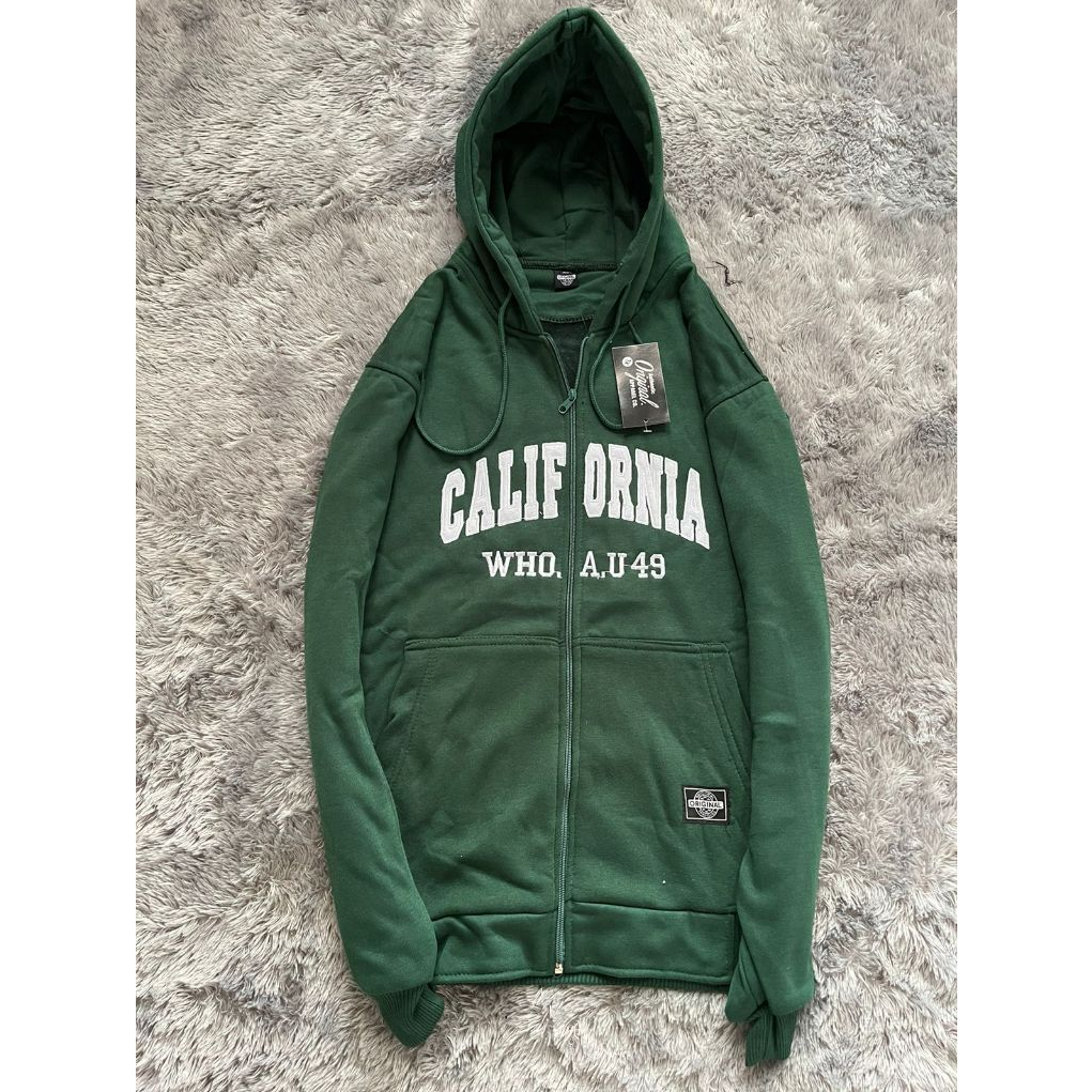 Jaket Hoodie STM WHO AU Zipper Hijau CALIFORNIA Full Tag Texs FULL Bordir Premium Unisex