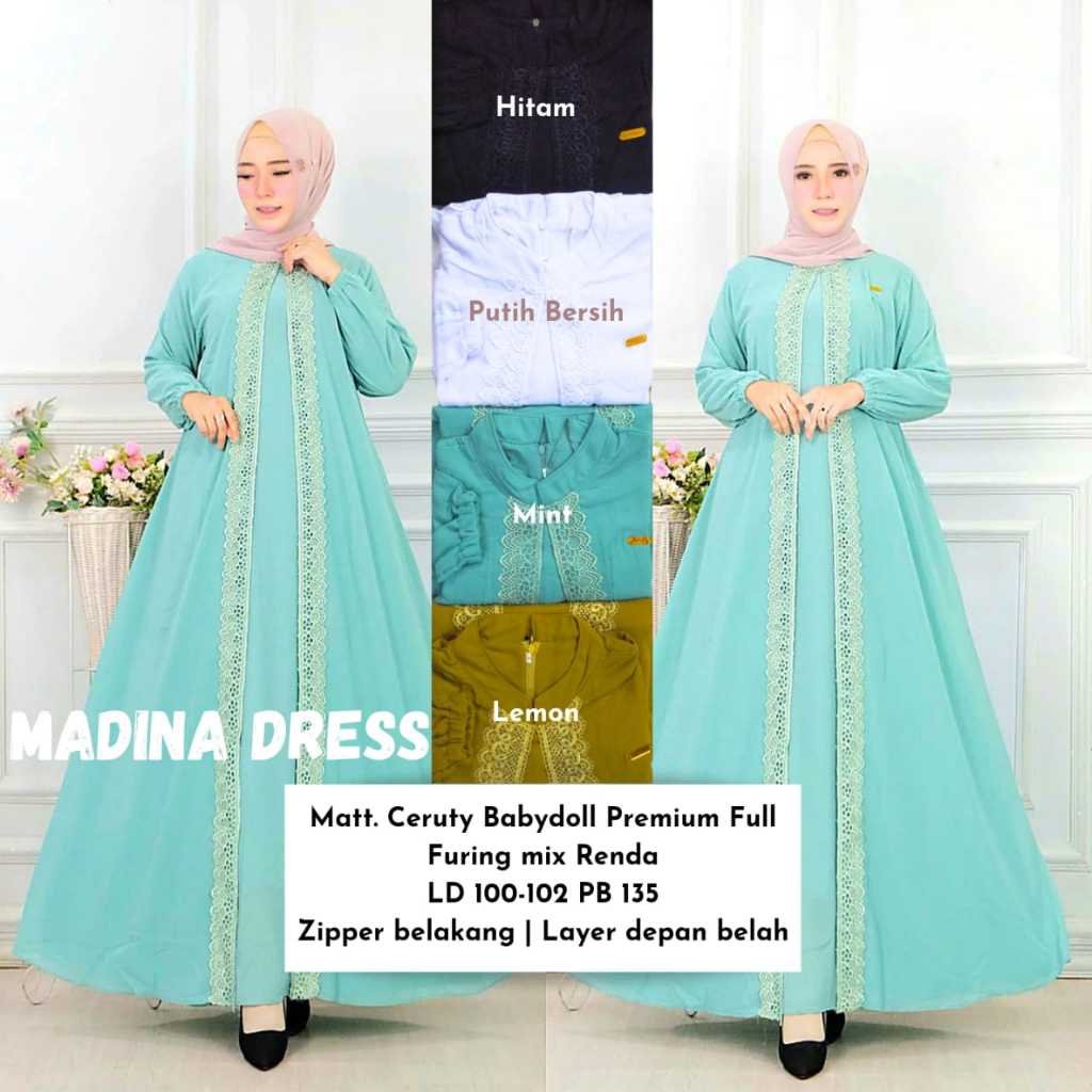 Madina Dress / Gamis Ceruty Babydoll Full Furing / Gamis Putih Hitam Umroh Haji / Gamis Ceruty Murah