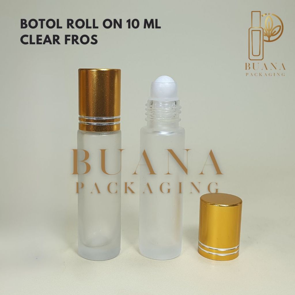 Botol Roll On 10 ml Clear Frossted Tutup Stainles Emas Shiny Garis Bola Plastik Putih / Botol Roll On / Botol Kaca / Parfum Roll On / Botol Parfum / Botol Parfume Refill / Roll On 6 ml