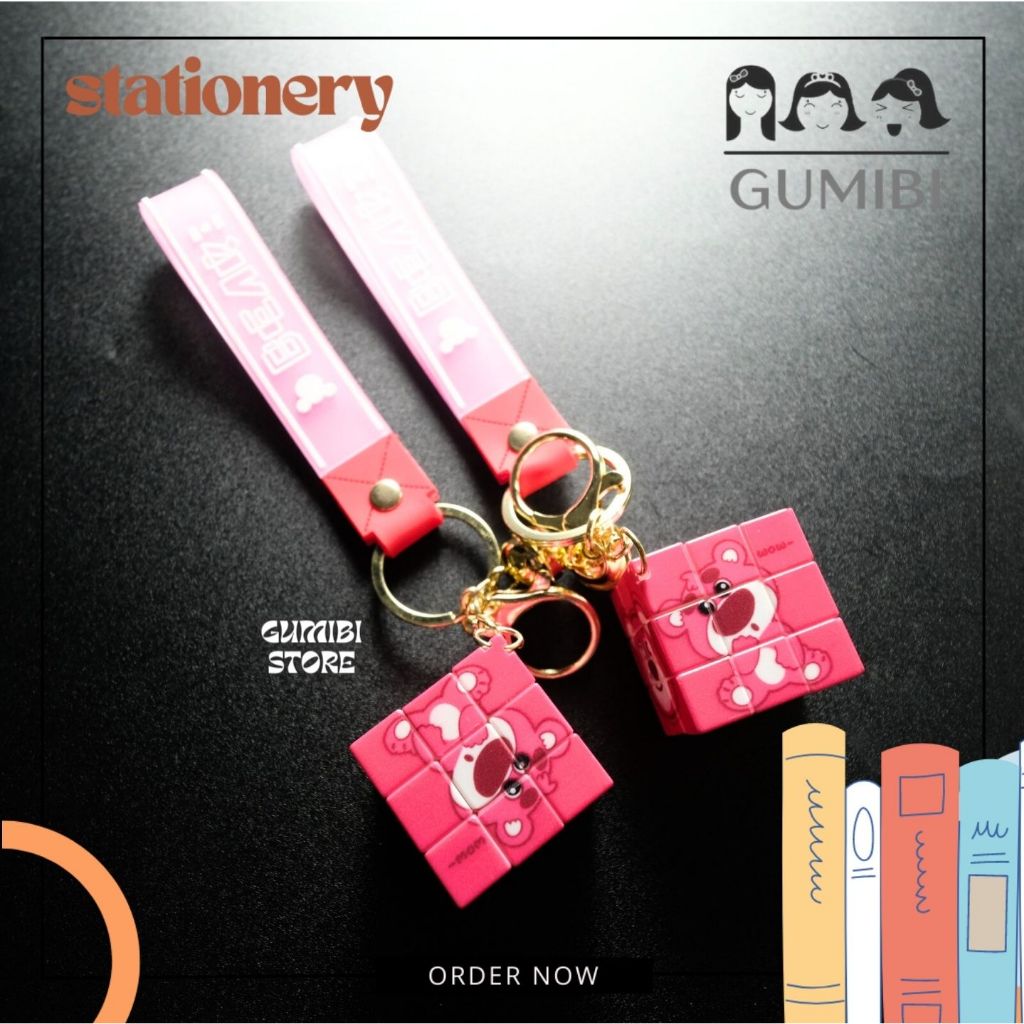 Gantungan Kunci Rubik Lotso Keychain Keyring Rubik Beruang Pink