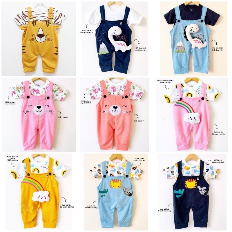Overall Bayi Set Setelan Anak Laki Perempuan Baju Kodok Kitten Cool Dino Rainbow Cloud Animals Zoo F