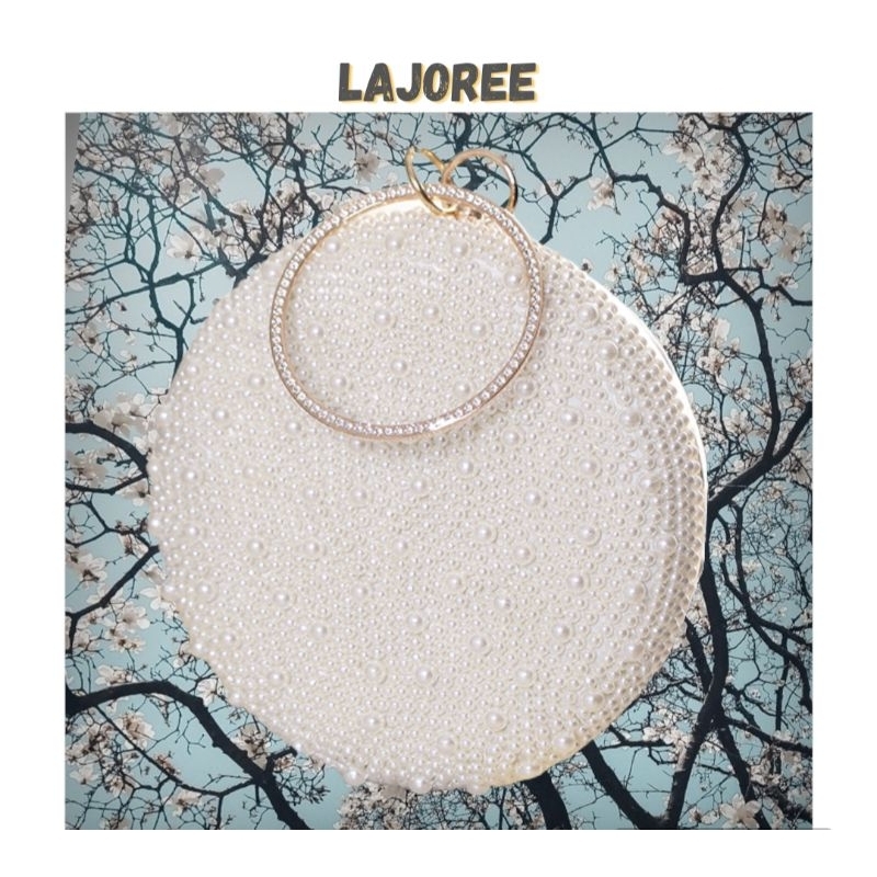 LAJOREE Pearly Circle Clutch Tas Pesta Gelang Bulat Bundar Mutiara Clutchbag Kondangan Cantik Mewah 