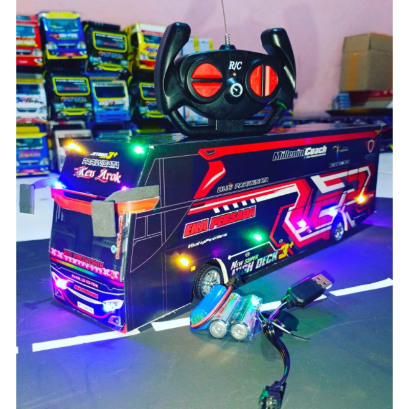 mainan anak miniatur bus telolet basuri remot kontrol ken arok ful lampu