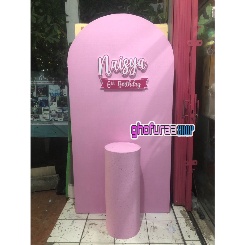 Promo Paket backdrop sterofoam 1x2 M Meja tabung styrofoam dan nama pita printing gabus dekorasi