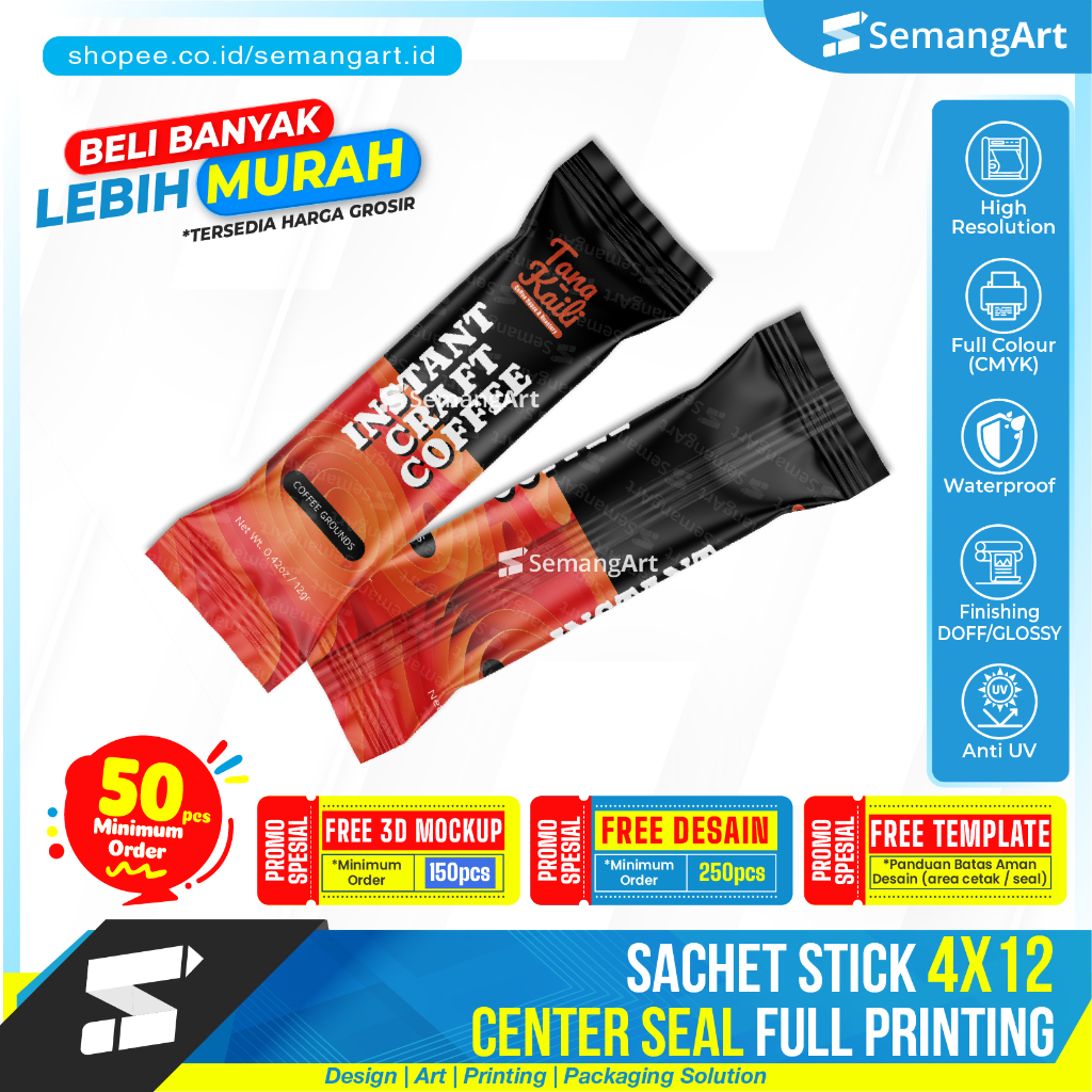 

Kemasan Sachet Center Seal 4x12 Bungkus Minuman Serbuk Collagen kopi Makanan Full Printing Desain Custom