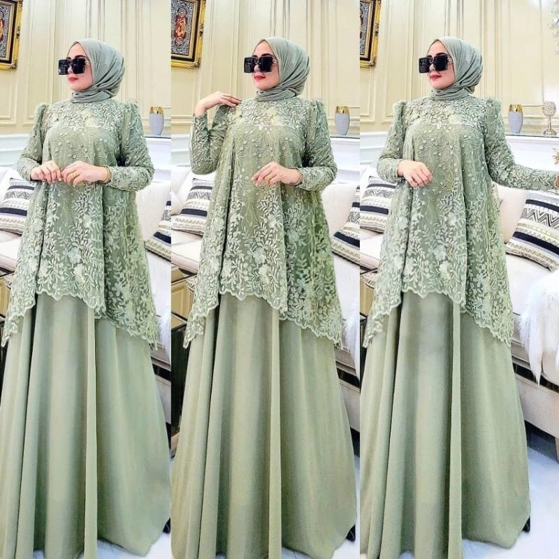 Dress wanita kondangan Ceruty Mix Brukat premium LD 120 Almera Dress warna Sage Green Gamis muslim wanita Terlaris untuk lebaran 2024 Dress Brukat jumbo Ukuran M L XL Dress Kondangan Mewah elegan Fashion muslim
