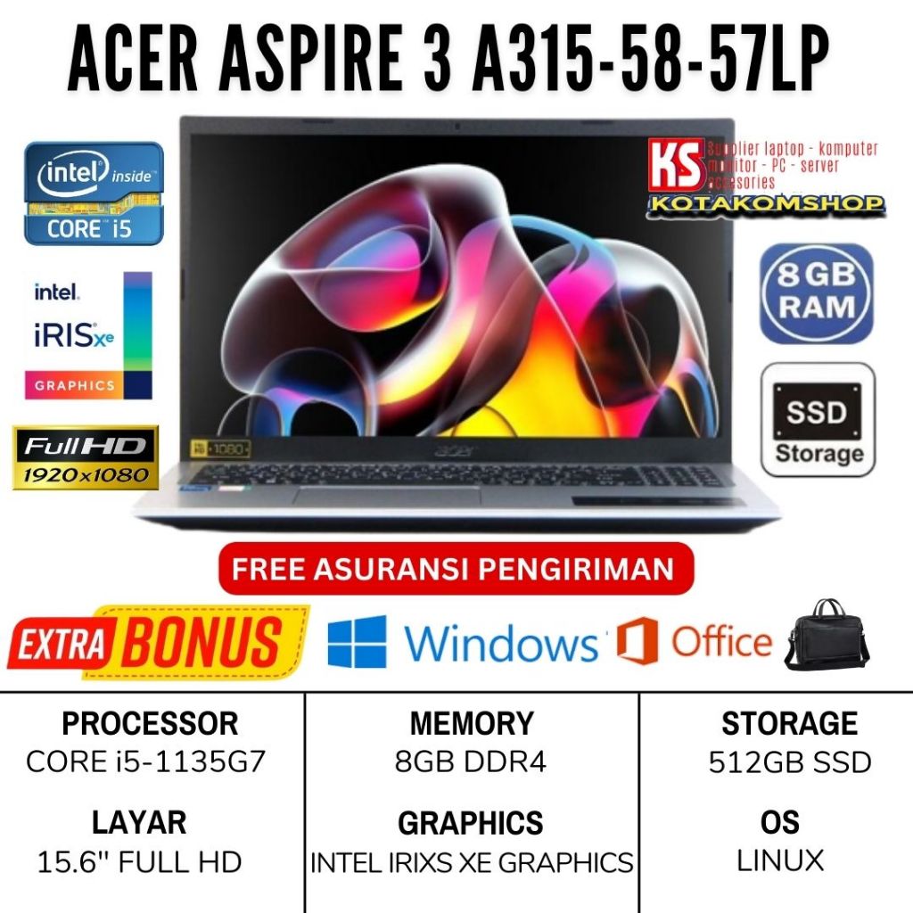 FLASH SALE Laptop Acer Aspire 3 A315-58-57lp Core I5-1135g7 Ram 8gb Ssd 512gb 15.6" Full Hd