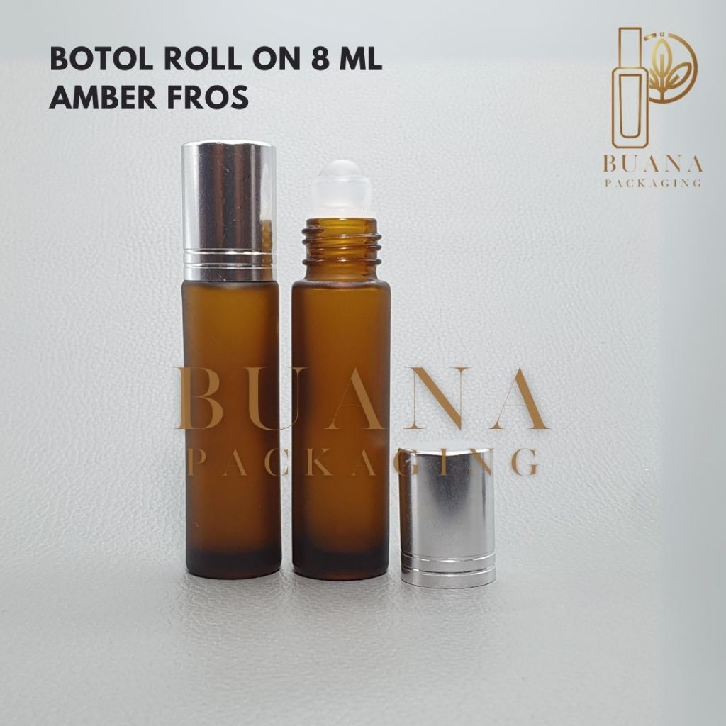 Botol Roll On 8 ml Amber Frossted Tutup Stainles Silver Shiny Garis Bola Plastik Natural / Botol Roll On / Botol Kaca / Parfum Roll On / Botol Parfum / Botol Parfume Refill / Roll On 10 ml