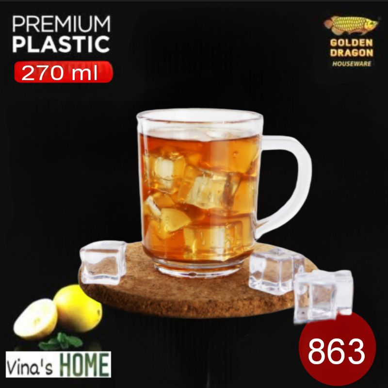 (6 Pcs) Gelas kopi gagang 270ml cangkir plastik bening Golden dragon 863