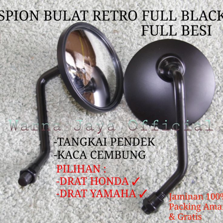 AGK Kaca Spion Bulat Retro Full Besi Black Spion Variasi Motor Honda Yamaha Cembung Tangkai Gagang P