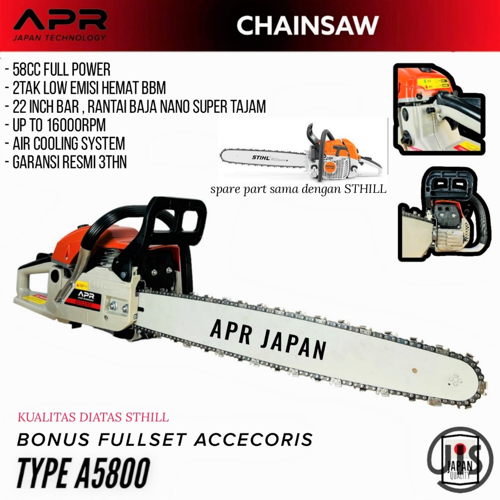 GARANSI RESMI CHAINSAW APR JAPAN 5800 22INCH CHAINSAW 2TAK MESIN SENSO FALSH SALE 1 HARI